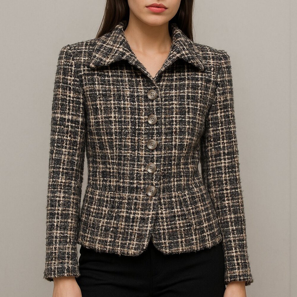 Lea Rome Women's Blazer Gray Wool Boucle France size 38 Small Twee Office Chic